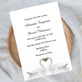 Dos cisnes con tarjeta de invitación a la boda bla