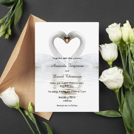 Dos cisnes con tarjeta de invitación a la boda bla