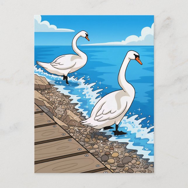 Dos cisnes junto a una postal de lago (Anverso)
