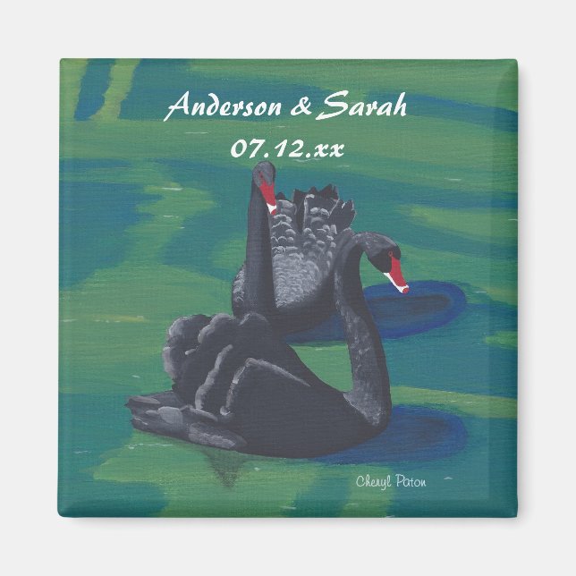 Dos cisnes negros nadando imanes de fecha personal (Frente)