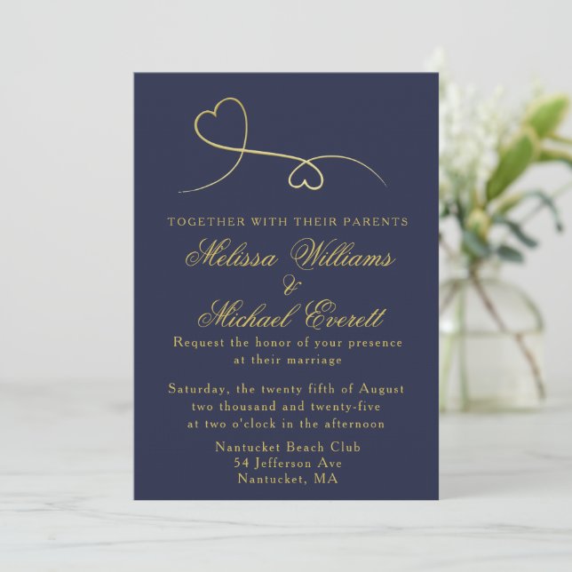 Dos corazones dorados | Invitación a la Boda Azul  (Anverso de pie)