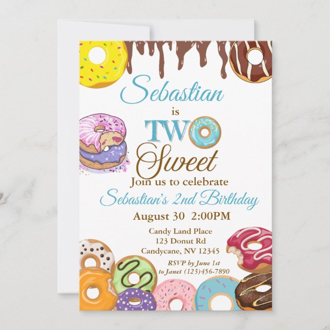 "DOS Dulces" Invitación de cumpleaños de Donut 2 (Anverso)