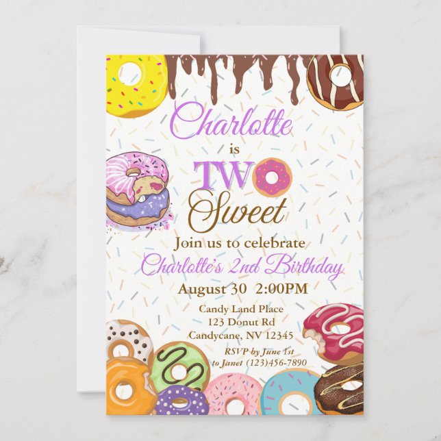 "DOS Dulces" Invitación de cumpleaños de Donut 2 (Anverso)