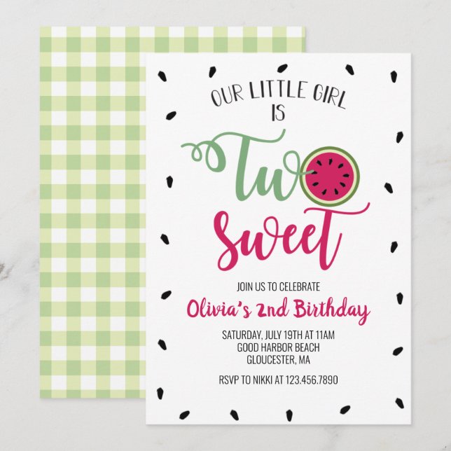 Dos dulces invitaciones a la sandía 2º cumpleaños (Anverso / Reverso)