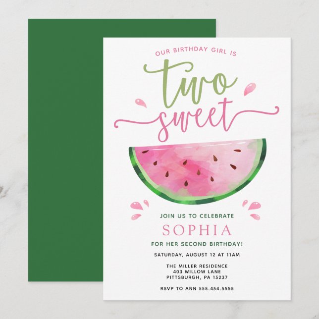 Dos dulces invitaciones de cumpleaños a la sandía (Anverso / Reverso)