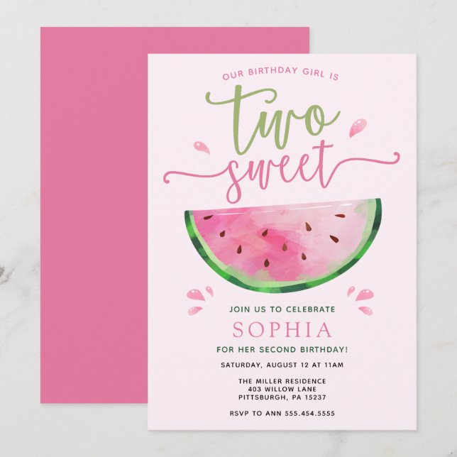 Dos dulces invitaciones de cumpleaños a la sandía (Anverso / Reverso)