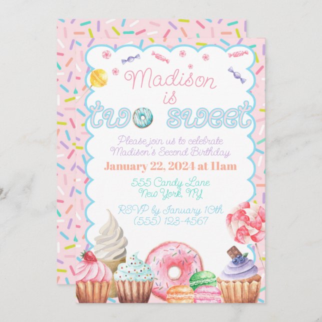 Dos dulces invitaciones para el segundo cumpleaños (Anverso / Reverso)