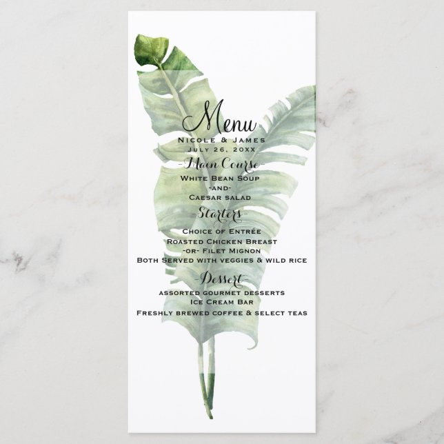 Dos elegantes hojas de palmera menú Boda tropical (Anverso)