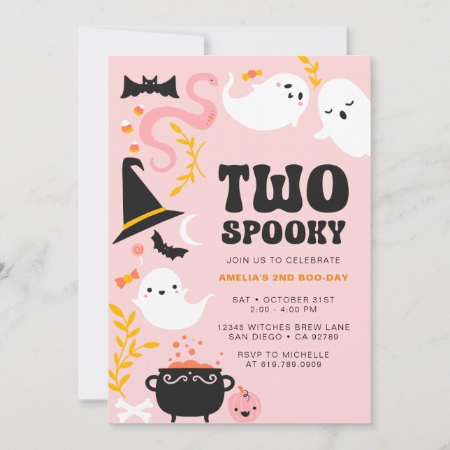 DOS ESPANTOSOS Invitación de fantasma rosa linda y (Anverso)