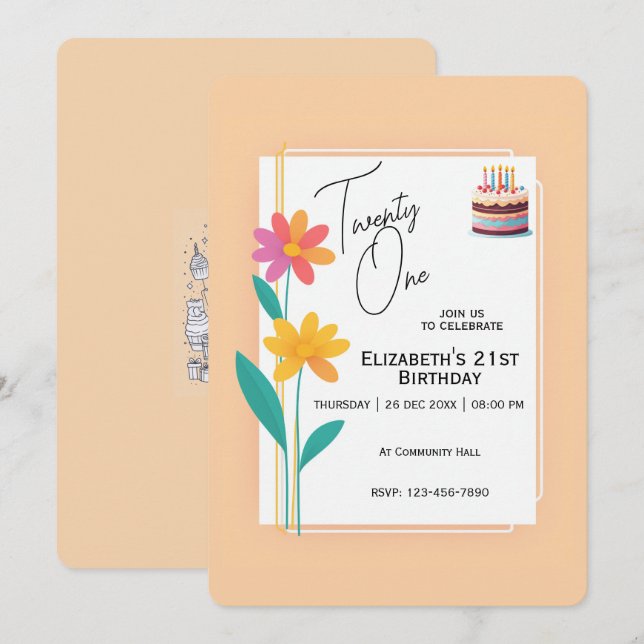 Dos flores con tarjeta de invitación de cumpleaños (Anverso / Reverso)