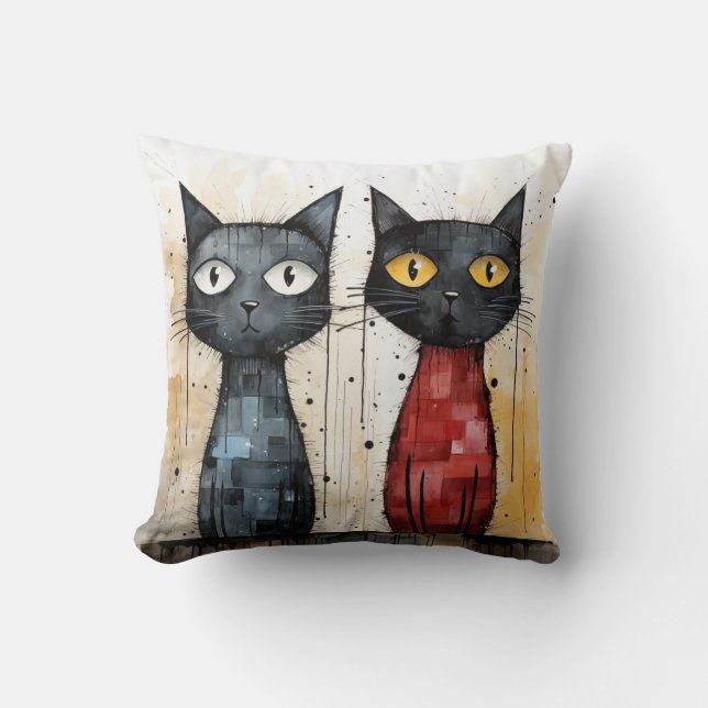 Dos gatos - Cojín decorativo azul y rojo (Anverso)