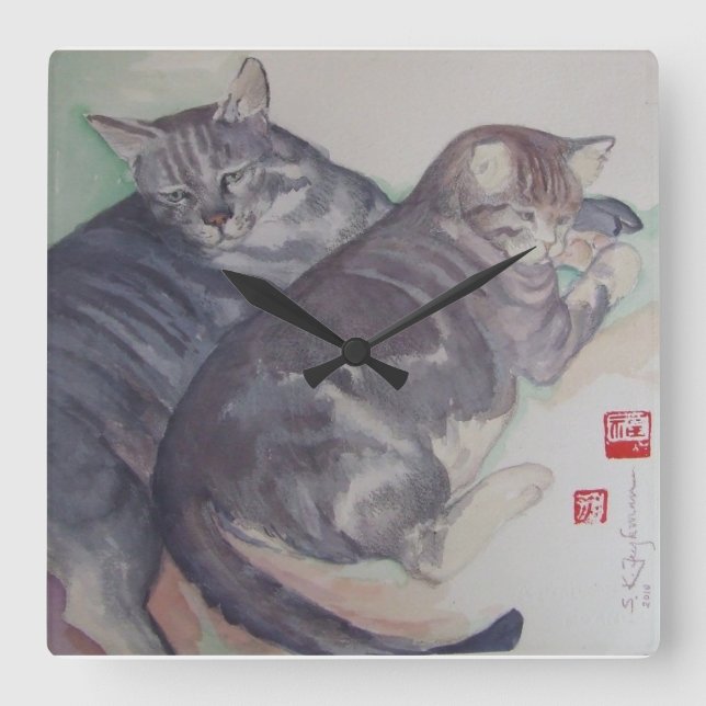 Dos gatos de reloj de pared cuadrado (Anverso)