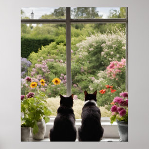 Dos gatos mirando por la ventana del arte de la pa
