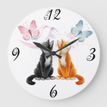 Dos gatos y mariposas reloj de pared