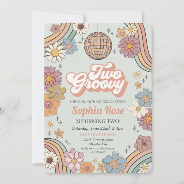 Dos Groovy Floral 2º cumpleaños 70s invitación ret (Anverso)
