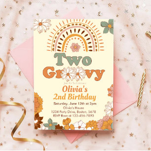 Dos Groovy Floral Arcoiris Invitación a cumpleaños