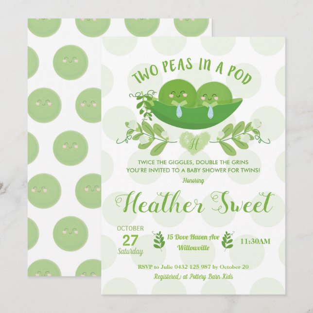 Dos guisantes en una invitación de Baby Shower de (Anverso / Reverso)