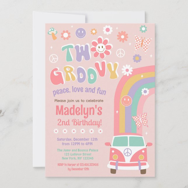 Dos invitaciones al cumpleaños de Groovy Boho Retr (Anverso)