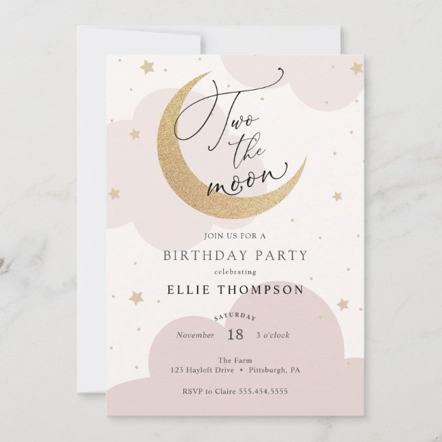 Dos invitaciones al cumpleaños rosado de la luna (Anverso)