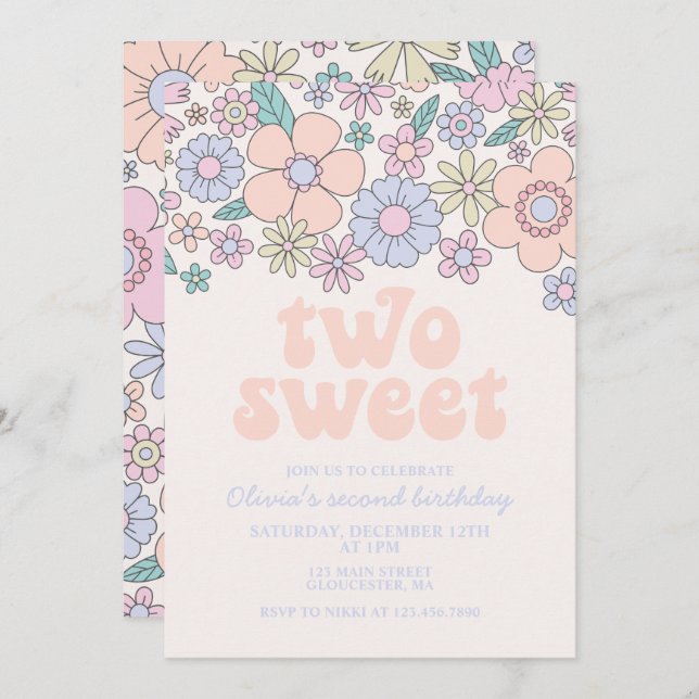Dos invitaciones de 2º cumpleaños de Floral Retro  (Anverso / Reverso)
