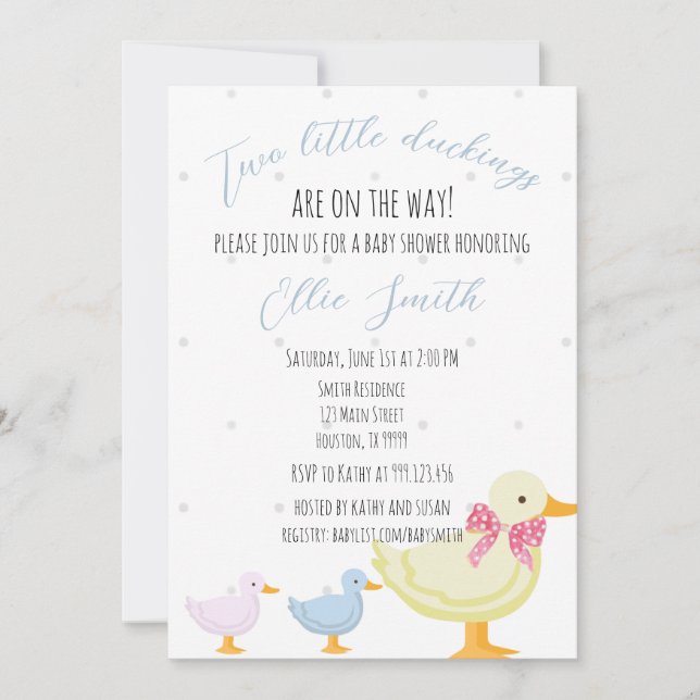 Dos invitaciones de Baby Shower, dos patitos (Anverso)