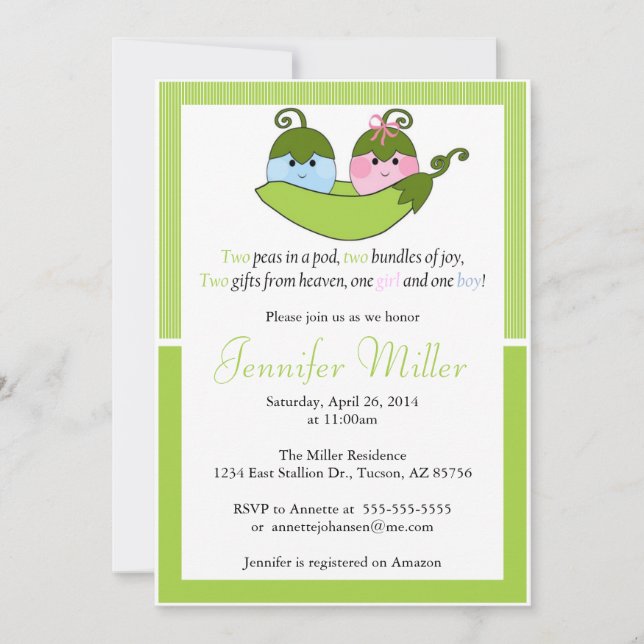 Dos Invitaciones De Baby Shower, Dos Peas En Un Po (Anverso)
