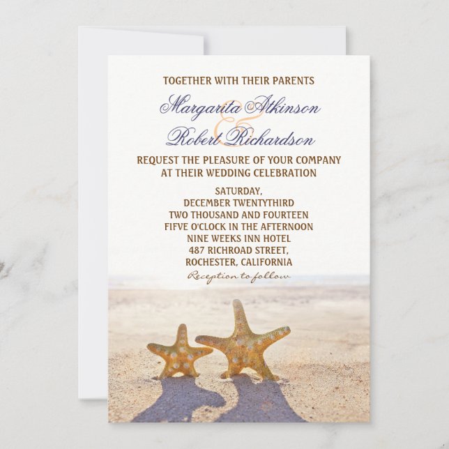 dos invitaciones de boda de starfish beach (Anverso)