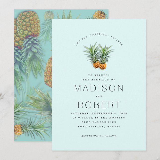 Dos invitaciones de boda de tema hawaiano para piñ (Anverso / Reverso)