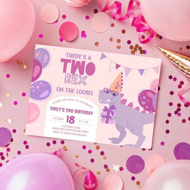 Dos Invitaciones de Cumpleaños Chica Rex. Dino 2.ª (Two Rex Girl Birthday Invitation. Dino 2nd Invite. Printable Dinosaur Second Birthday. Modern Kids T)