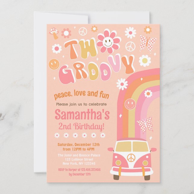 Dos invitaciones de cumpleaños de Groovy Boho Retr (Anverso)