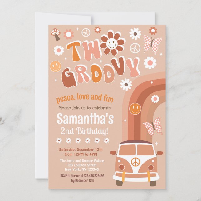 Dos invitaciones de cumpleaños de Groovy Boho Retr (Anverso)