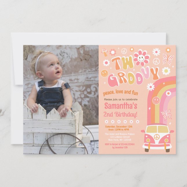 Dos invitaciones de cumpleaños de Groovy Boho Retr (Anverso)