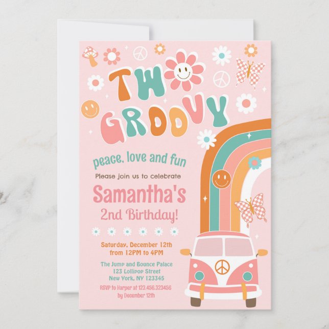 Dos invitaciones de cumpleaños de Groovy Boho Retr (Anverso)
