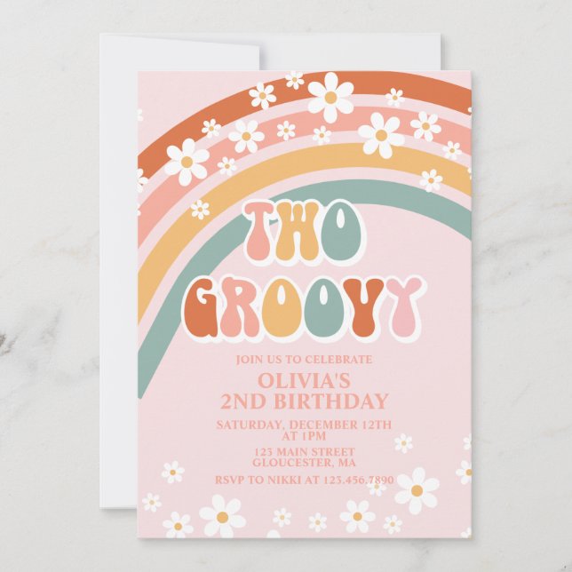 Dos invitaciones de cumpleaños groovy retro arcoír (Anverso)
