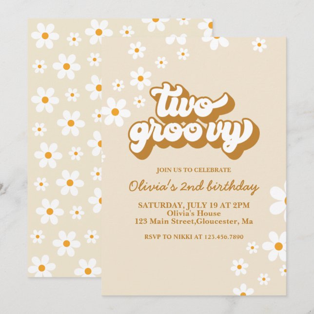 Dos invitaciones de cumpleaños Groovy Retro Daisy (Anverso / Reverso)