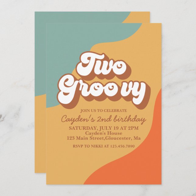 Dos invitaciones de cumpleaños Groovy Retro Swirl (Anverso / Reverso)