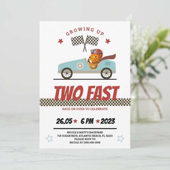 Dos invitaciones de cumpleaños para autos de carre (Anverso de pie)