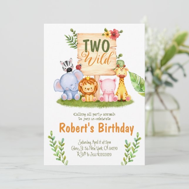 Dos invitaciones de cumpleaños para Fiestas Safari (Anverso de pie)
