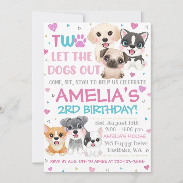 Dos invitaciones de cumpleaños para la cachorro de (Anverso)
