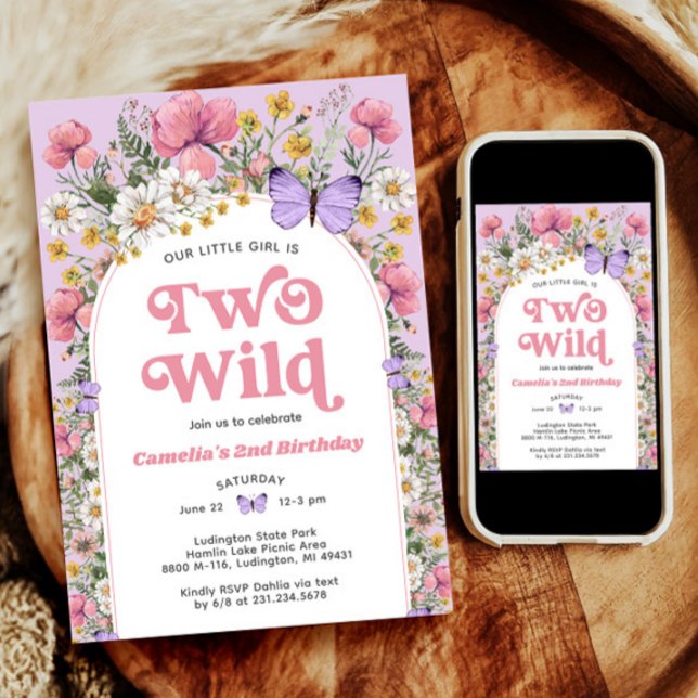 Dos invitaciones de cumpleaños para mariposas silv (Two Wild Wildflower Butterfly Birthday Invitation)