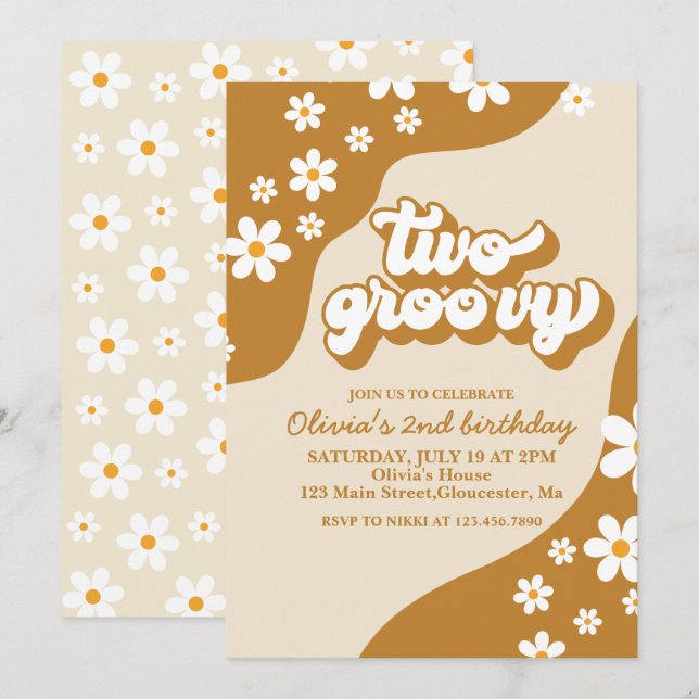 Dos invitaciones de cumpleaños retro groovy con ma (Anverso / Reverso)