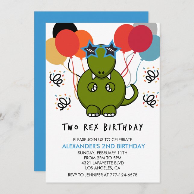 Dos invitaciones de cumpleaños rex Cute Dino Funny (Anverso / Reverso)