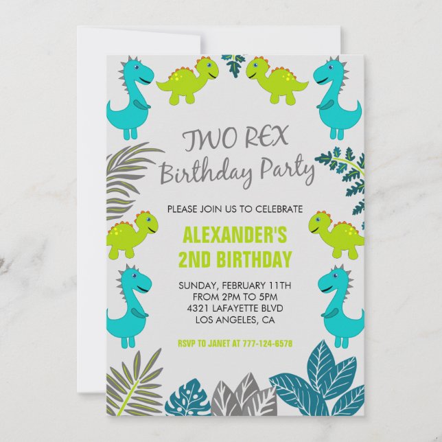 Dos invitaciones de cumpleaños rex niño jungla azu (Anverso)