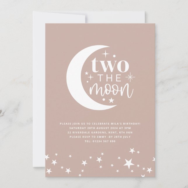 Dos invitaciones de cumpleaños rosado de la luna e (Anverso)