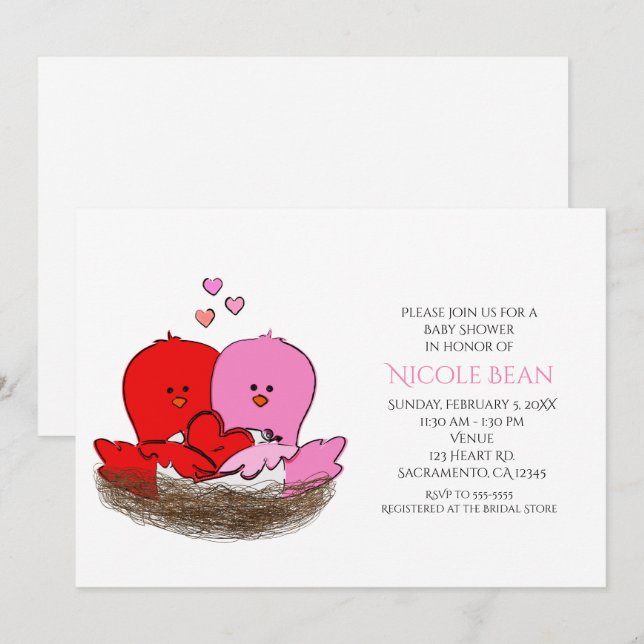 Dos invitaciones de ducha de bebé de pájaros del D (Anverso / Reverso)