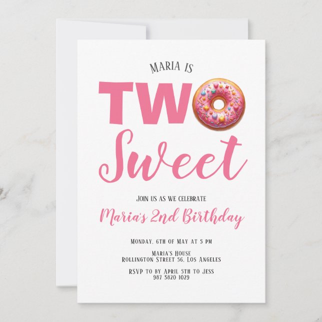 Dos invitaciones de segundo cumpleaños de donut ro (Anverso)