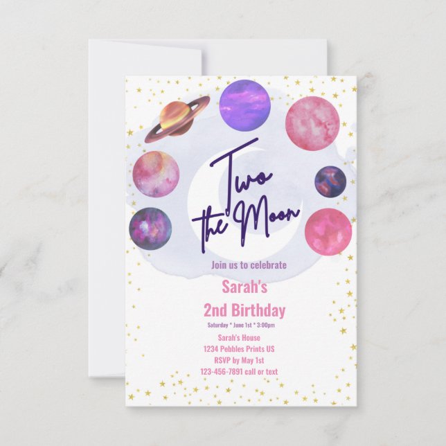 Dos invitaciones editables de cumpleaños a la luna (Anverso)