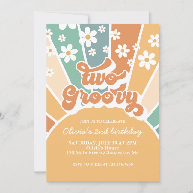 Dos invitaciones Groovy Retro Sunshine Rainbow Dai (Anverso)