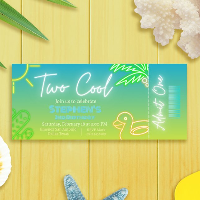 Dos invitaciones para el 2do cumpleaños de Guay (Two Cool 2nd Birthday Ticket Invitation)