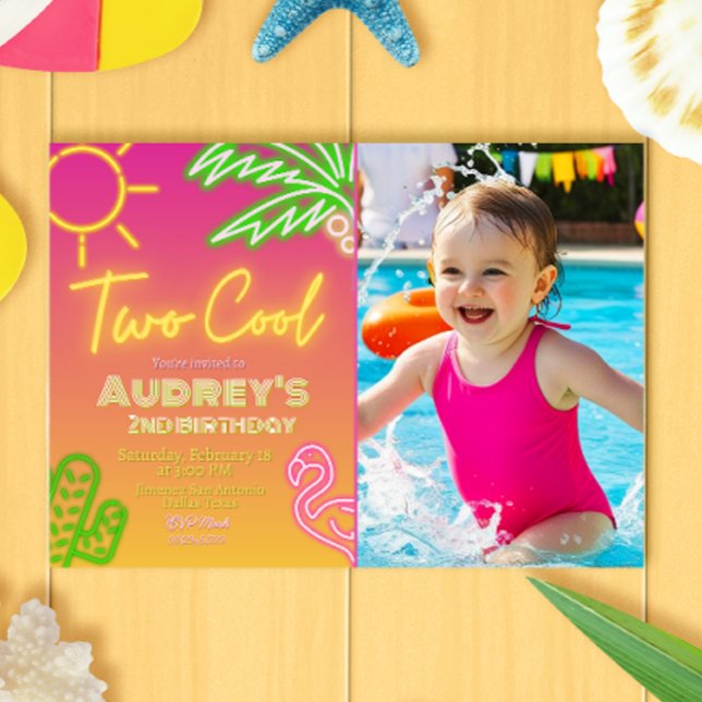 Dos invitaciones para la fiesta de la piscina de n (Two Cool Neon Pool Party Landscape Invitation with Photo Picture
)